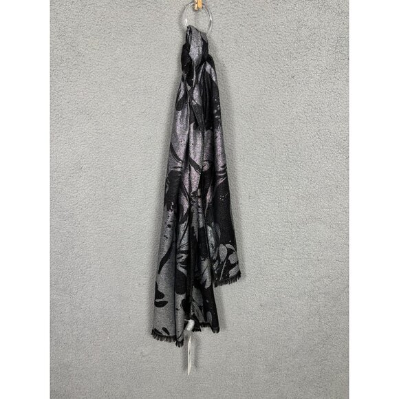 Calvin Klein Accessories - Calvin Klein Women's Floral Black & Silver Jacquard Scarf Fringed One Size NWT's
